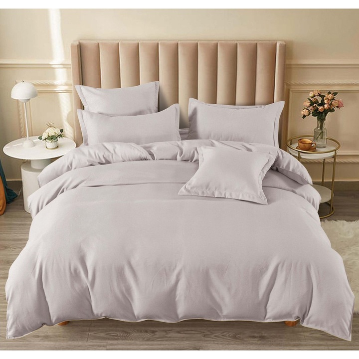 Двоен комплект спално бельо, обикновен, 6 части, чаршаф с ластик 180x200см, светло сив