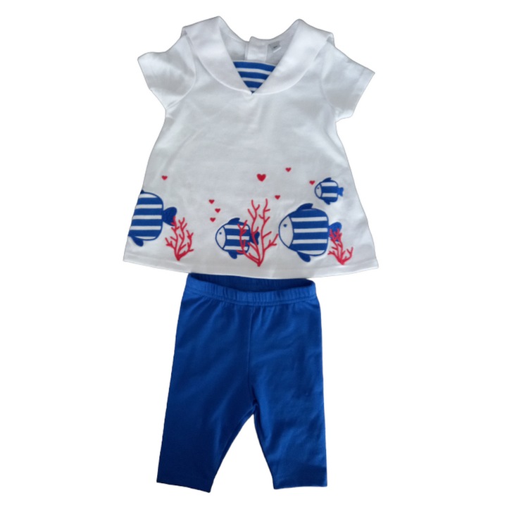 Set 2 piese pentru copii, rochita cu pantaloni, alb-albastru, impimeu pestisori