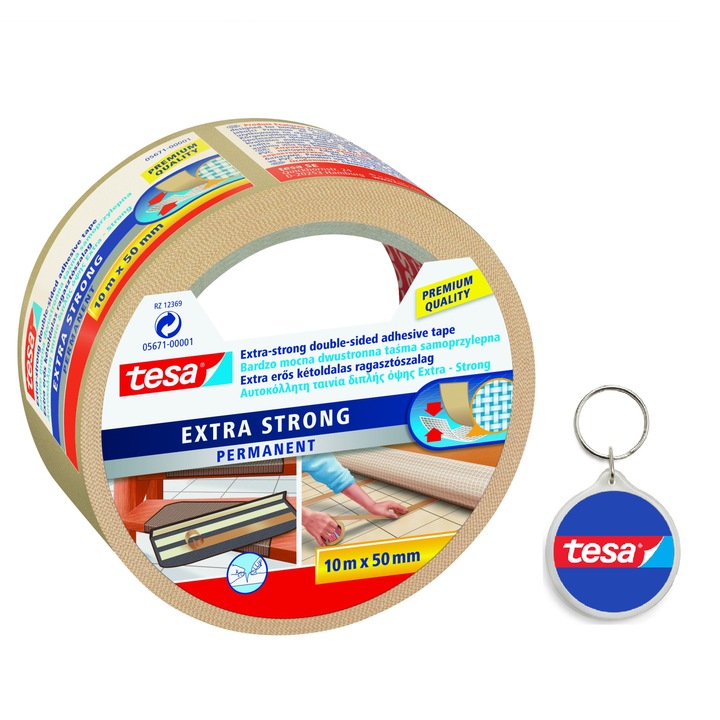 Set banda dublu adeziva Extra Strong, 50 mm x 10 m si breloc Tesa, crem