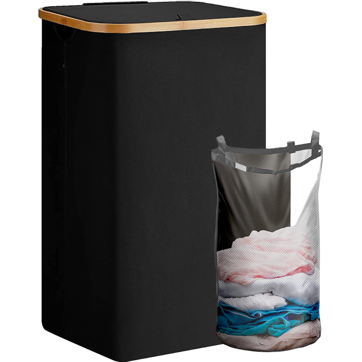 Бамбуков кош за пране, Сгъваем, С калъф и подвижна торба за пране, 100 л, 74 x 41 x 33 см, Текстил, Черен