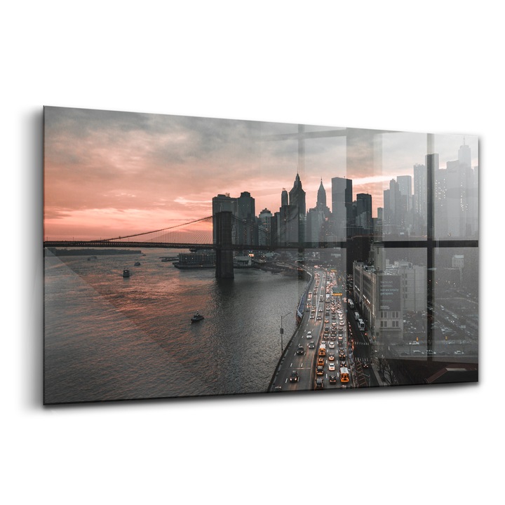 Festmény, Wallfluent, Üveg, New York Skyline at Sunrise, Fekete, 140x70 cm