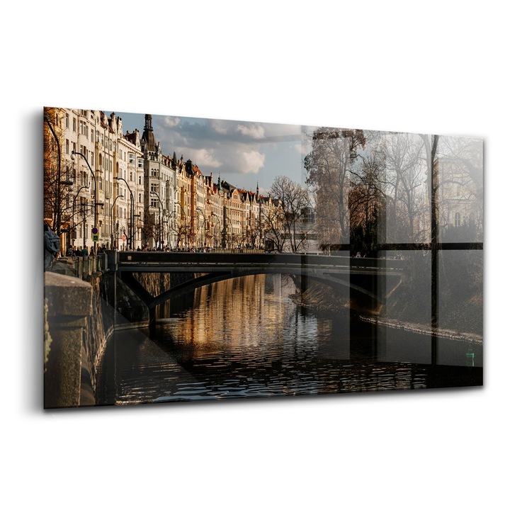 Tablou, Wallfluent, Sticla, Panorama Praga, Maro, 140x70 cm