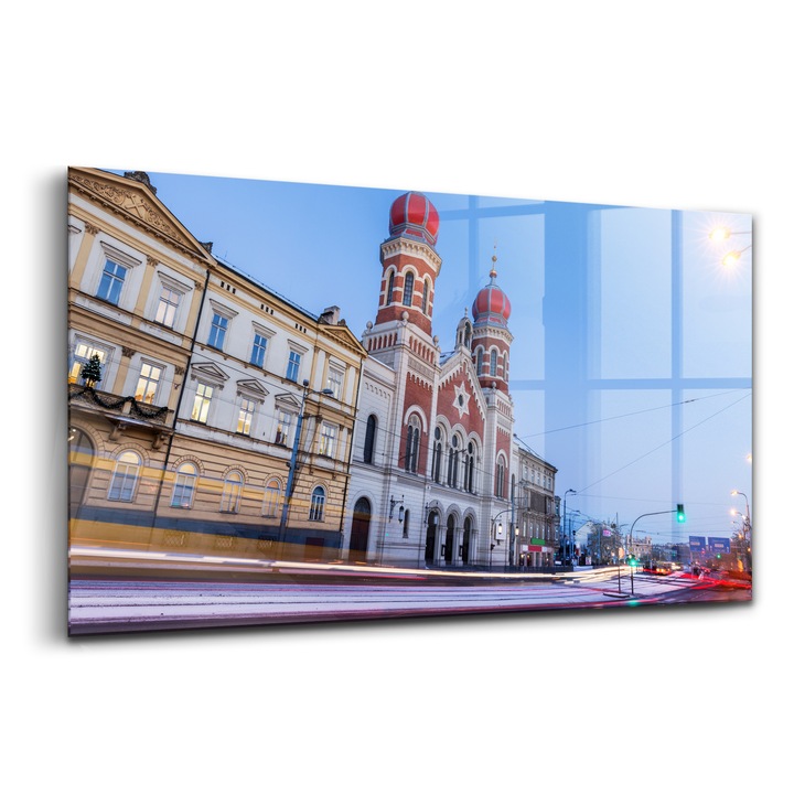 Tablou, Wallfluent, Sticla, Marea Sinagoga Din Plzen, Rosu, 140x70 cm
