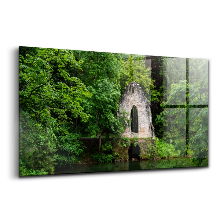 Tablou, Wallfluent, Sticla, Ruinele Unei Capele Vechi Chamonix, Franta, Verde, 140x70 cm