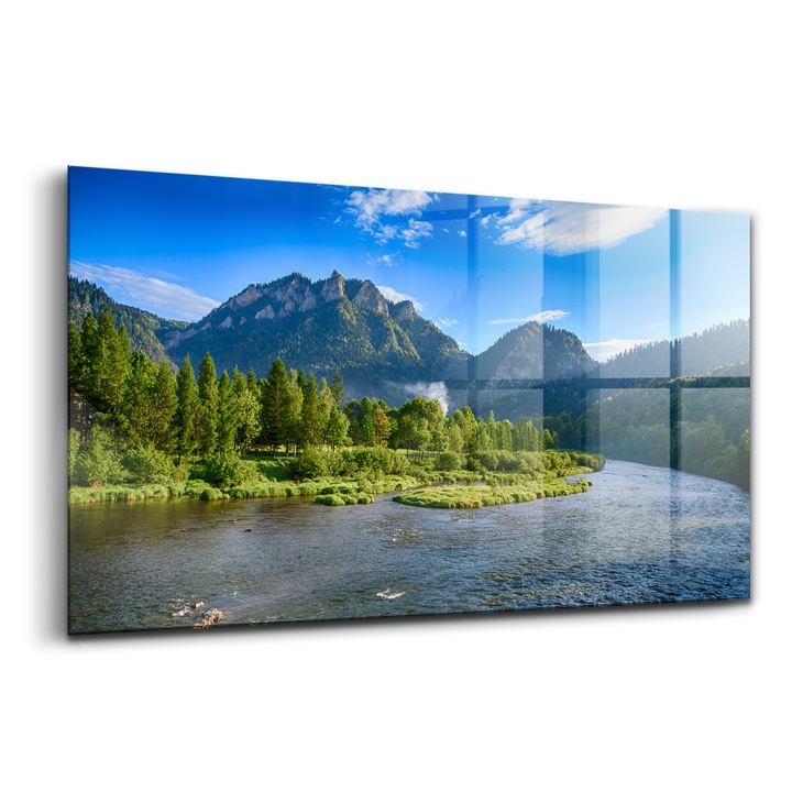 Tablou, Wallfluent, Sticla, Cotul Dunajecului Din Muntii Pieniny, Albastru, 140x70 cm