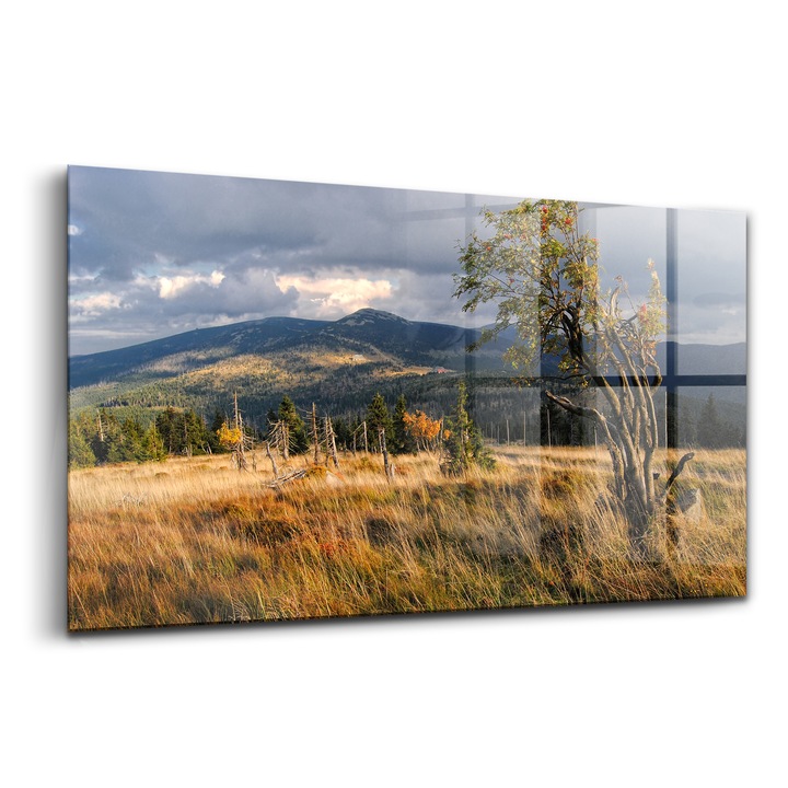 Tablou, Wallfluent, Sticla, Muntii Uriasi In Toamna, Galben, 140x70 cm