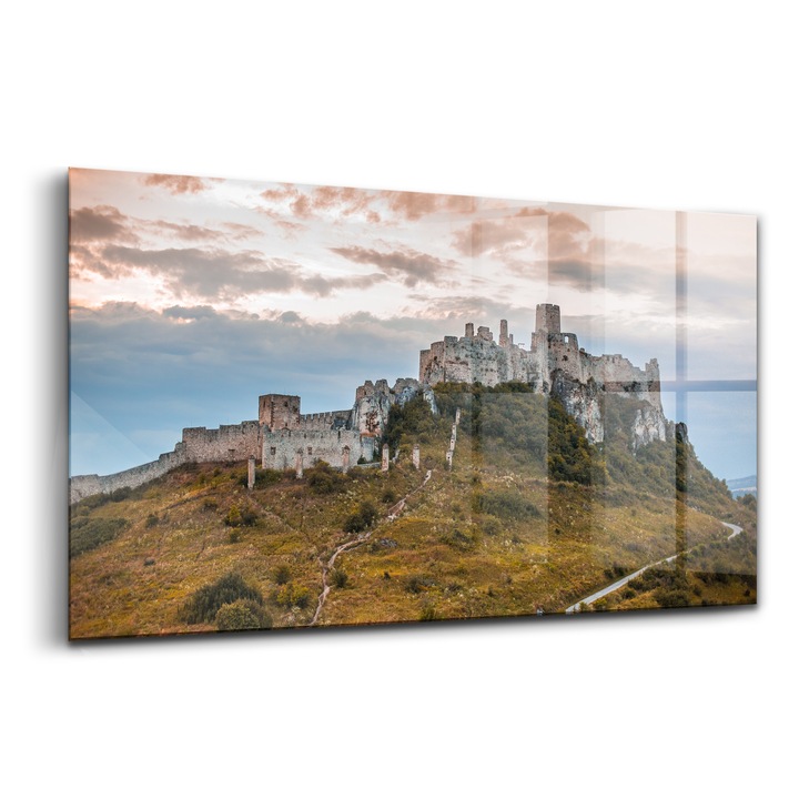 Tablou, Wallfluent, Sticla, Castelul Spiš Din Slovacia, Verde, 140x70 cm