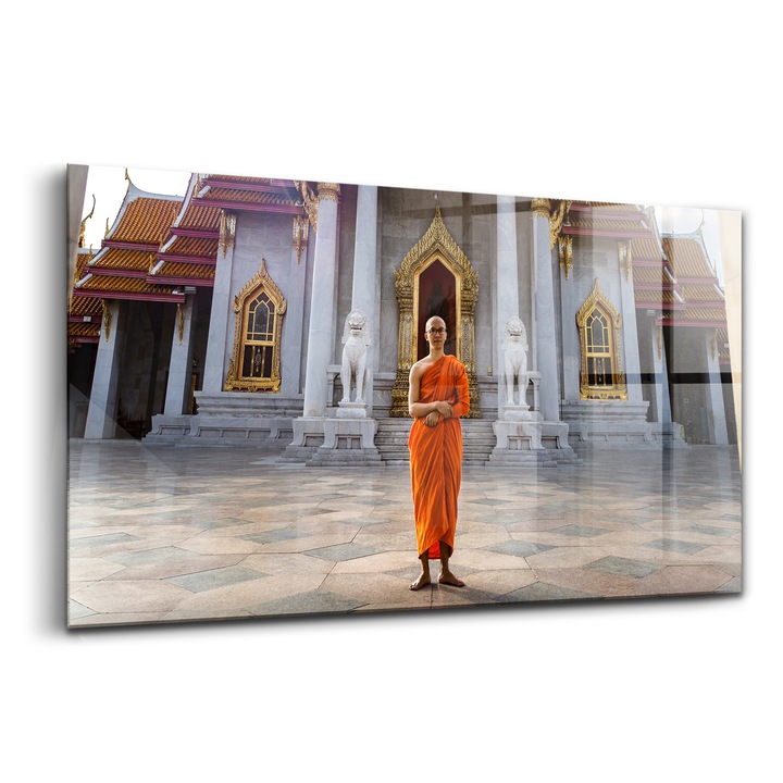 Tablou, Wallfluent, Sticla, Calugar In Fata Templului, Portocaliu, 140x70 cm