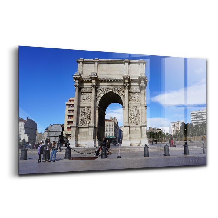 Tablou, Wallfluent, Sticla, Arcul De Triumf Din Marsilia, Franta, Franta, Albastru, 140x70 cm