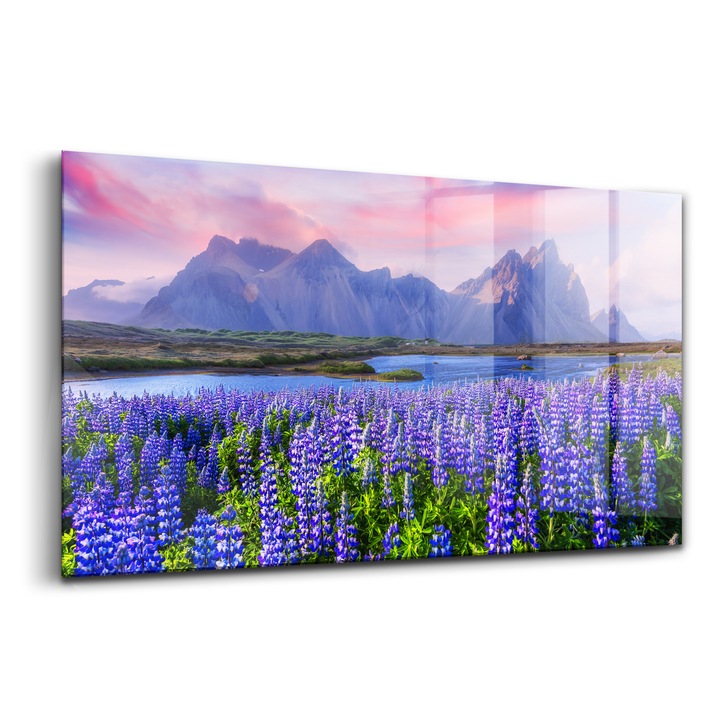 Tablou, Wallfluent, Sticla, Flori De Lavanda Islanda Vedere La Munte, Violet, 140x70 cm