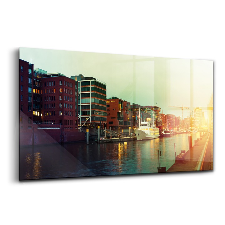 Tablou, Wallfluent, Sticla, Navele Si Podul Din Hamburg, Galben, 140x70 cm