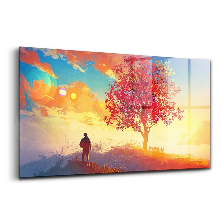 Tablou, Wallfluent, Sticla, Peisaj De Toamna Intoarcere Acasa, Portocaliu, 100x50 cm