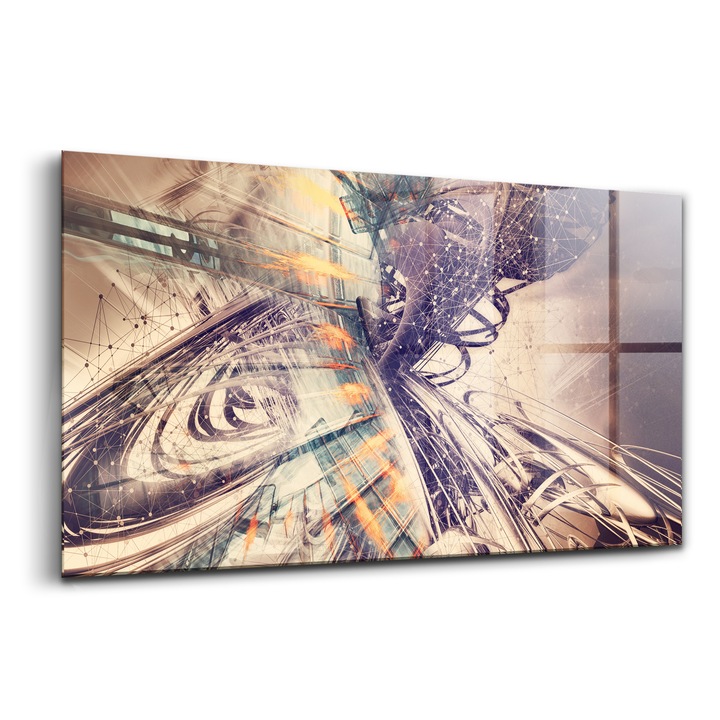 Tablou, Wallfluent, Sticla, Mecanism Abstract, Bej, 140x70 cm