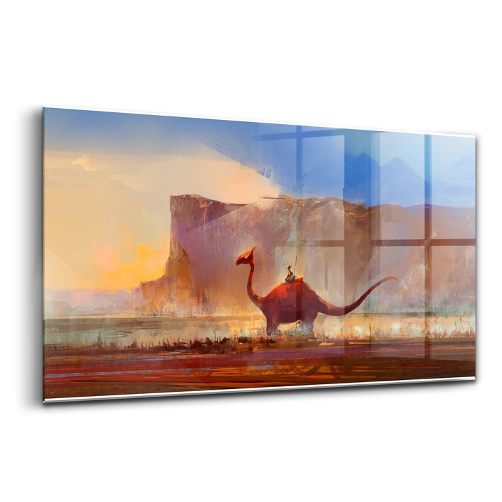 Festmény, Falfluent, Üveg, Dinoszaurusz a Hegyek Hátterében, Narancs, 120x60 cm