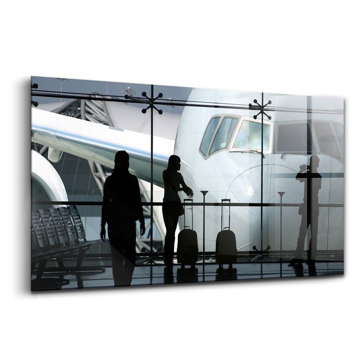 Tablou, Wallfluent, Sticla, Pasagerii Care Asteapta Avionul, Albastru, 140x70 cm