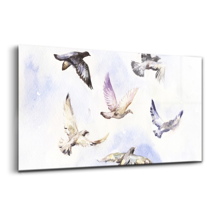 Tablou, Wallfluent, Sticla, Pasari Zburatoare, Alb, 140x70 cm