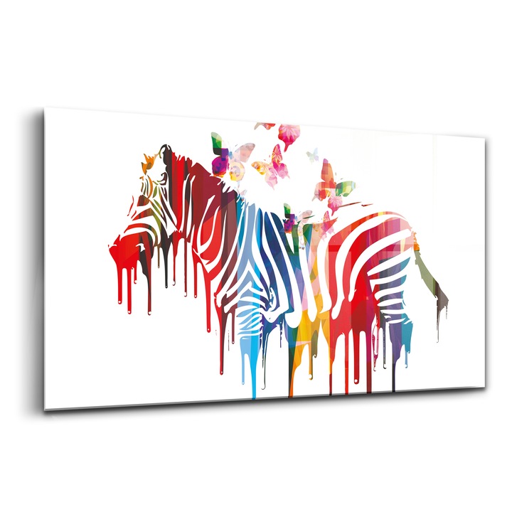 Tablou, Wallfluent, Sticla, Zebra Colorata, Multicolor, 140x70 cm