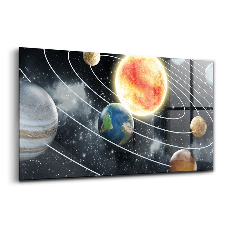 Tablou, Wallfluent, Sticla, Sistem Solar, Negru, 140x70 cm