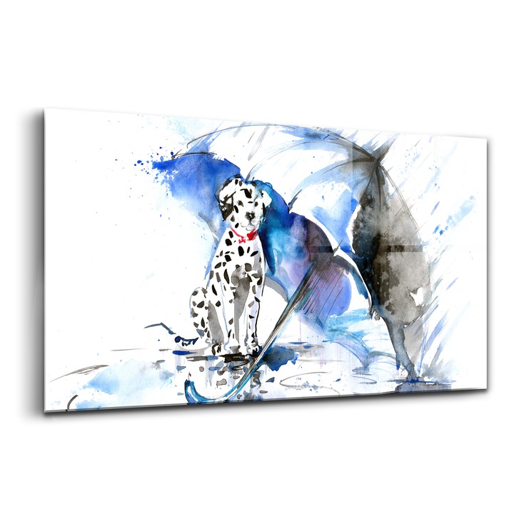 Tablou, Wallfluent, Sticla, Dalmatian Acuarela Sub Umbrela, Albastru, 140x70 cm