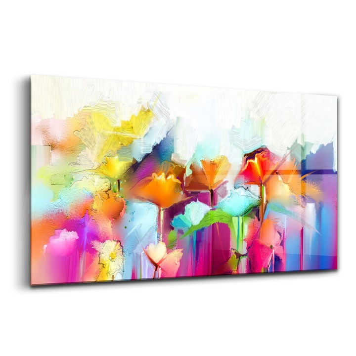 Festmény, Falfluent, Üveg, Virágok Absztrakt Képe, Rózsaszín, 140x70 cm