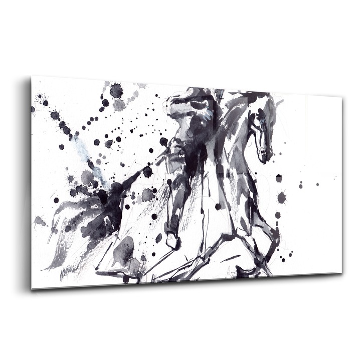 Tablou, Wallfluent, Sticla, Cavaler Pe Un Cal Cu Picaturi De Cerneala, Negru, 140x70 cm