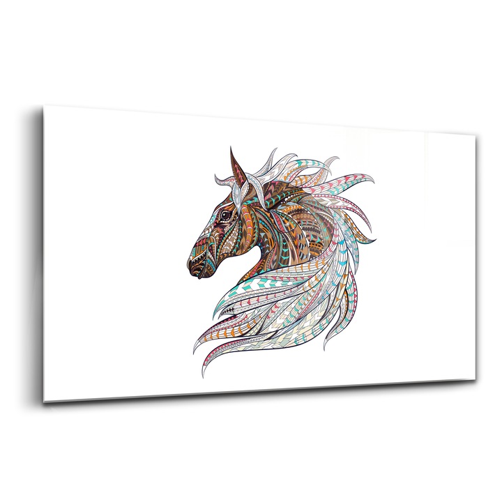 Tablou, Wallfluent, Sticla, Ilustratie De Cal In Stil Indian, Maro, 100x50 cm