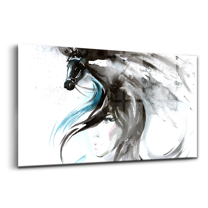 Tablou, Wallfluent, Sticla, Legatura Spirituala A Unei Femei Cu Un Cal, Negru, 140x70 cm