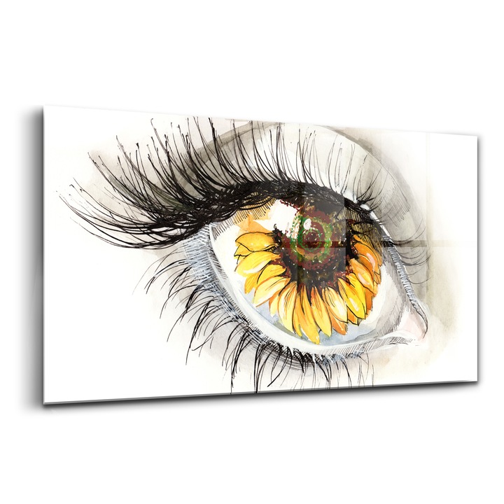 Tablou, Wallfluent, Sticla, Reflectia Unei Floarea-Soarelui In Ochi, Galben, 140x70 cm