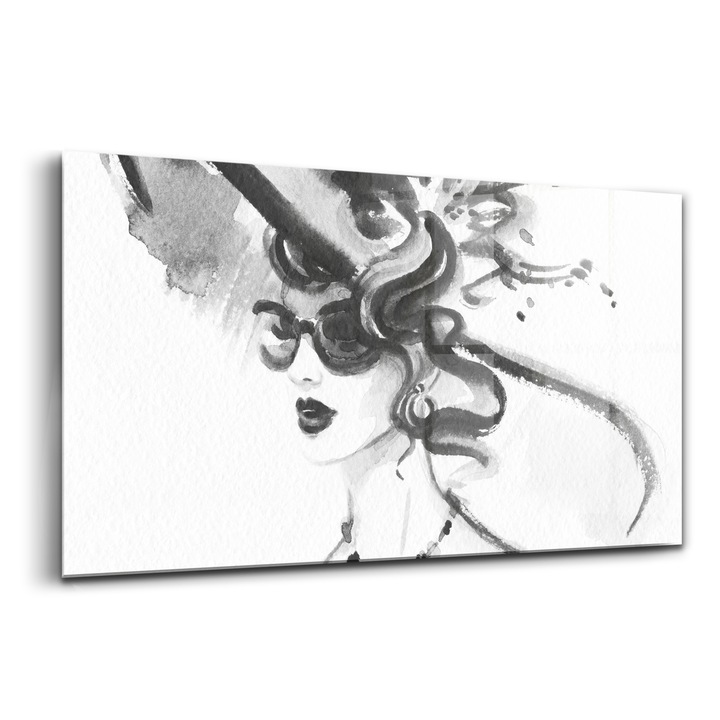 Tablou, Wallfluent, Sticla, Femeie La Moda, Negru, 140x70 cm