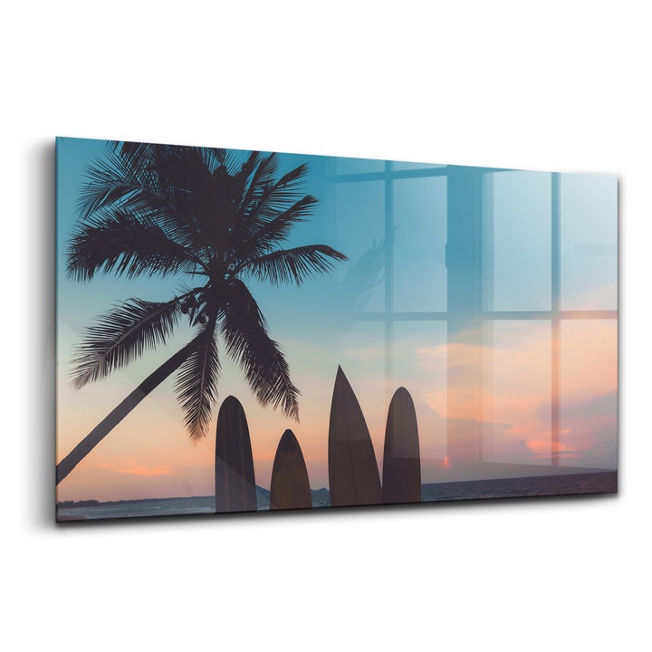 Tablou, Wallfluent, Sticla, Surfing Pe O Plaja Tropicala, Albastru, 140x70 cm