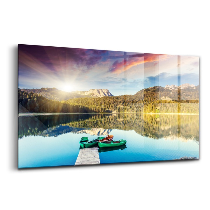 Tablou, Wallfluent, Sticla, Peisaj De Rau Cu Fundal De Copac, Verde, 140x70 cm