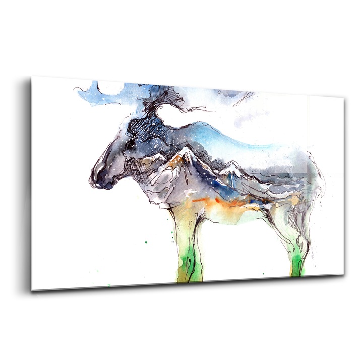 Tablou, Wallfluent, Sticla, Peisaj Montan De Elan, Albastru, 140x70 cm