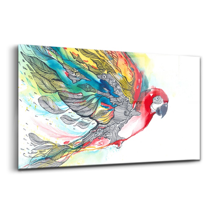 Tablou, Wallfluent, Sticla, Acuarela Papagal Colorat In Zbor, Rosu, 140x70 cm