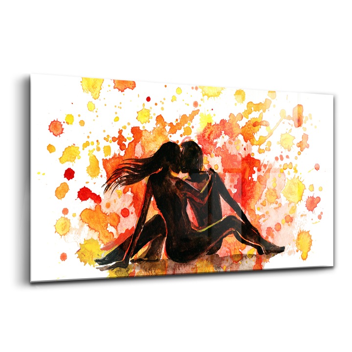 Tablou, Wallfluent, Sticla, Cuplu Iubitor Indragostit, Portocaliu, 140x70 cm