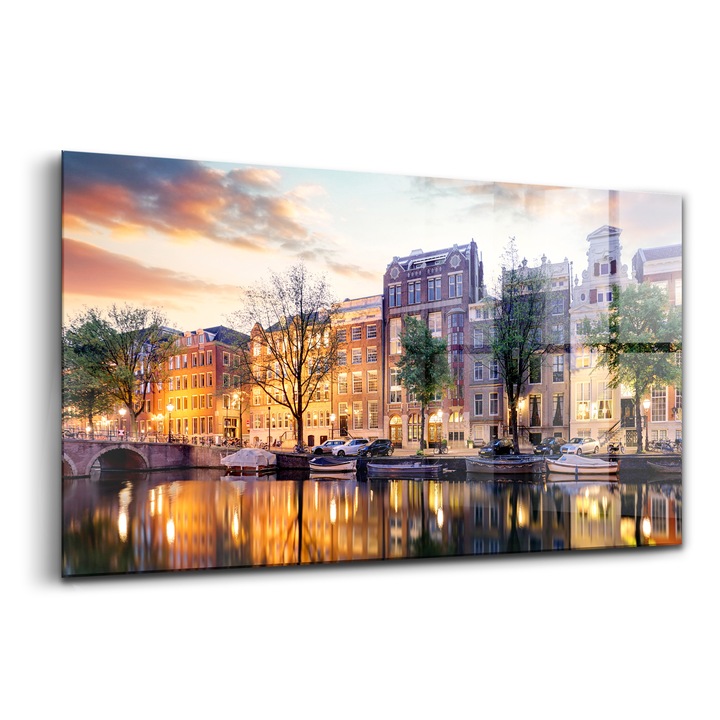 Tablou, Wallfluent, Sticla, Case Amsterdam Olanda, Portocaliu, 100x50 cm