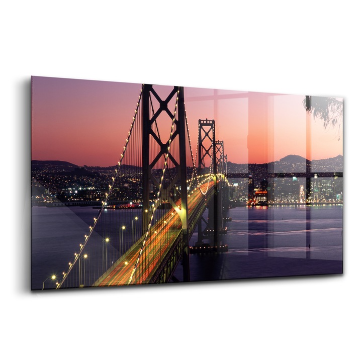 Tablou, Wallfluent, Sticla, Podul San Francisco Apus De Soare, Roz, 140x70 cm