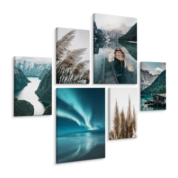 Комплект от 6 декоративни картини Планински пейзаж, Северно сияние, Езеро, Растения 90x80cm: 2 броя 30x40cm, 4 броя 20x30cm