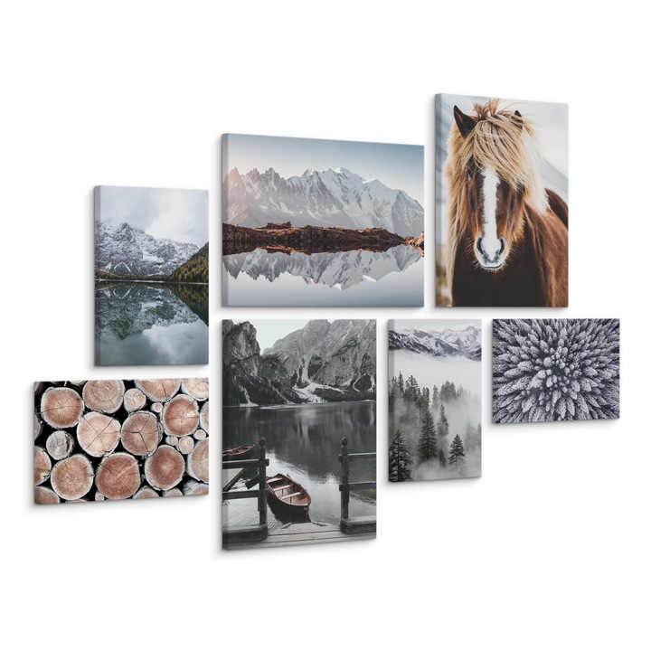 Set 7 Tablouri Decorative Peisaj de la muntem, Cal, Lac 110x80cm: 3 piese 30x40cm, 4 piese 20x30cm