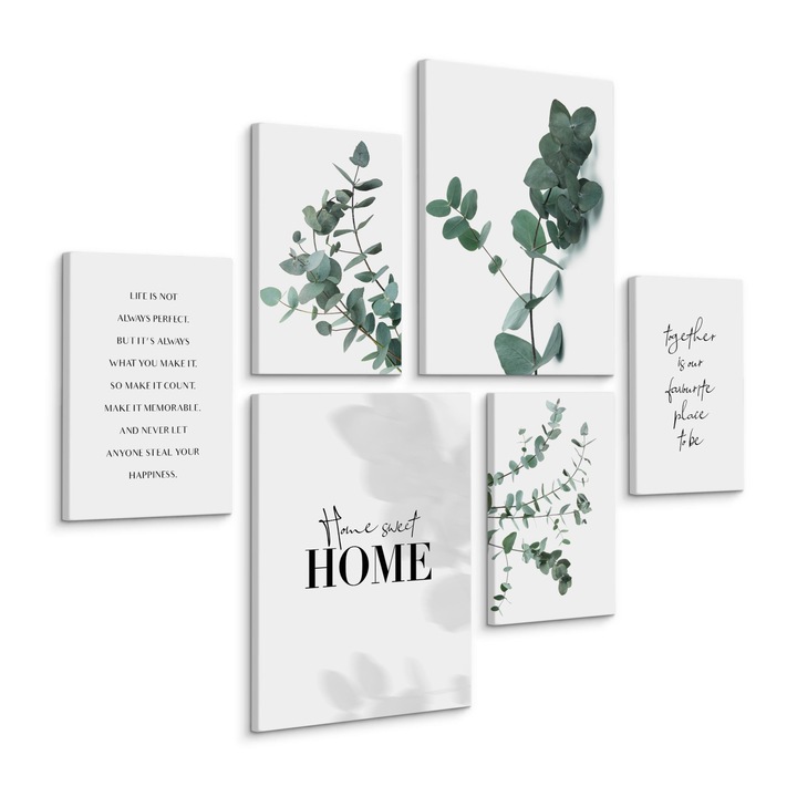 Set 6 Tablouri Decorative Eucalipt verde izolat pe fundal alb 90x80cm: 2 piese 30x40cm, 4 piese 20x30cm