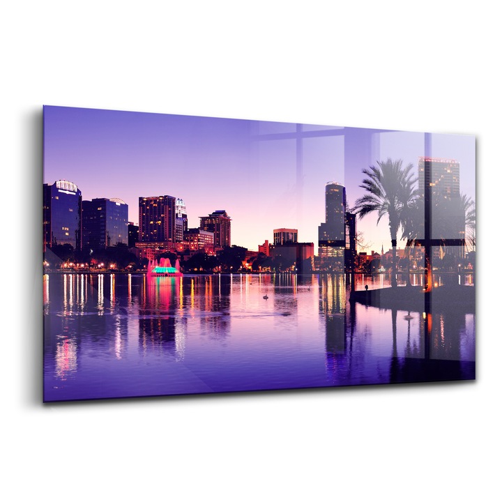 Tablou, Wallfluent, Sticla, Orizontul Orasului Orlando, Violet, 120x60 cm