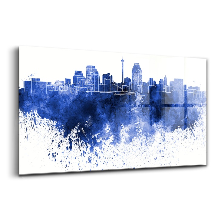 Tablou, Wallfluent, Sticla, Panorama Acuarelelor Din San Antonio, Albastru, 140x70 cm