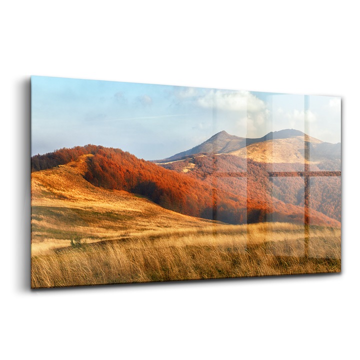 Tablou, Wallfluent, Sticla, Peisaj Montan De Toamna, Albastru, 140x70 cm