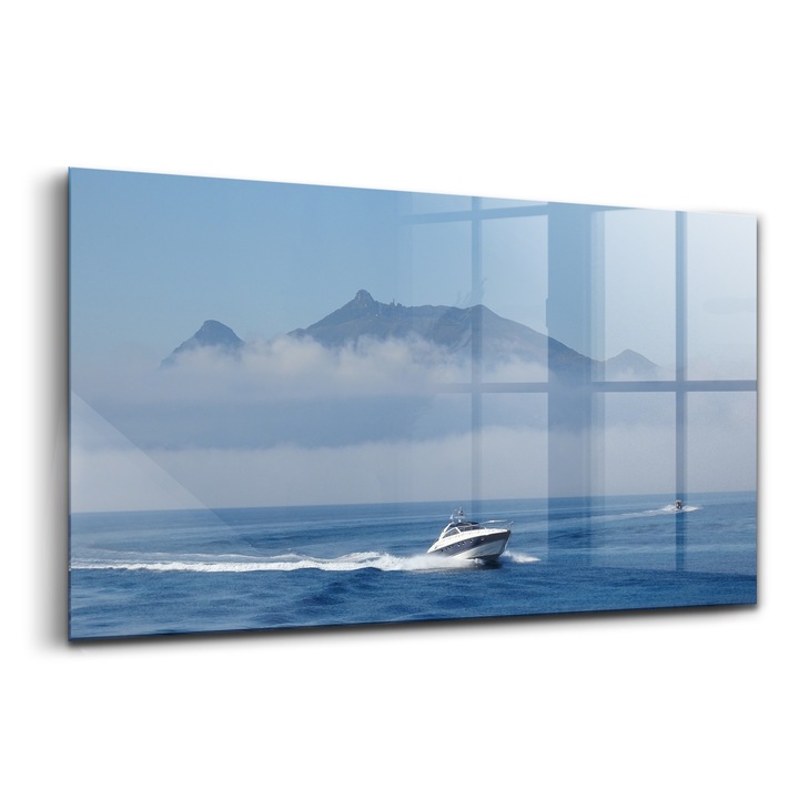 Tablou, Wallfluent, Sticla, Barca Plutitoare In Ocean, Albastru, 140x70 cm