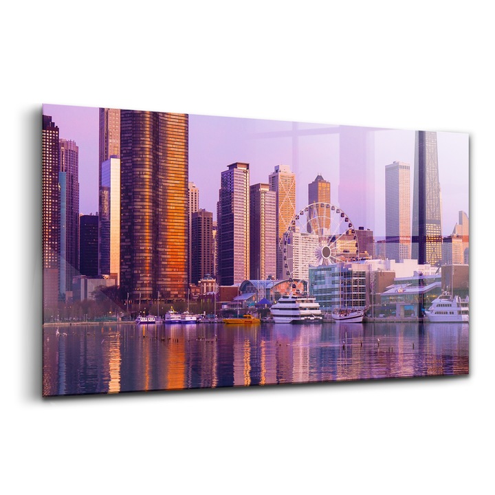 Tablou, Wallfluent, Sticla, Vedere A Zgarie-Norilor Din Sua, Violet, 140x70 cm