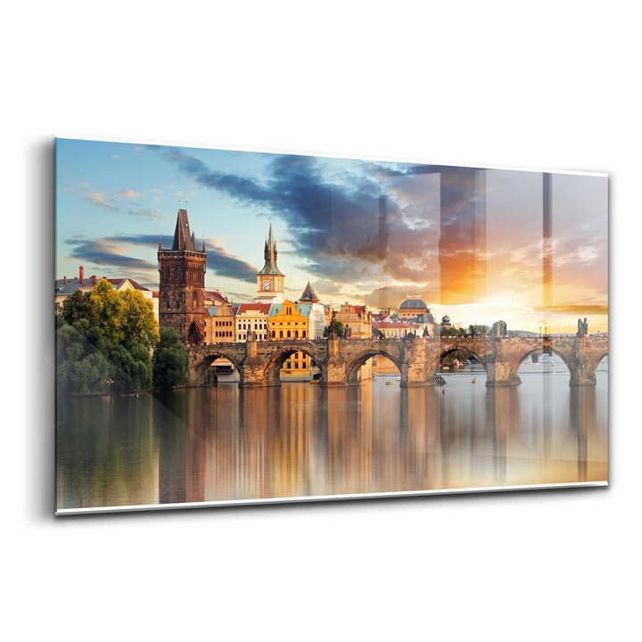 Tablou, Wallfluent, Sticla, Panorama Orasului Si Podul Peste Rau, Maro, 140x70 cm