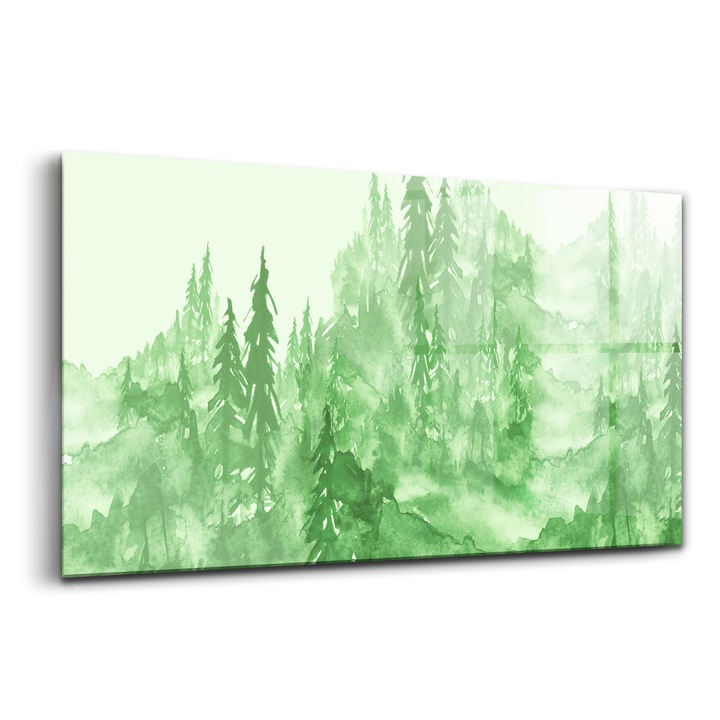 Tablou, Wallfluent, Sticla, Pictura Verde Padure Natura Copac, Verde, 140x70 cm