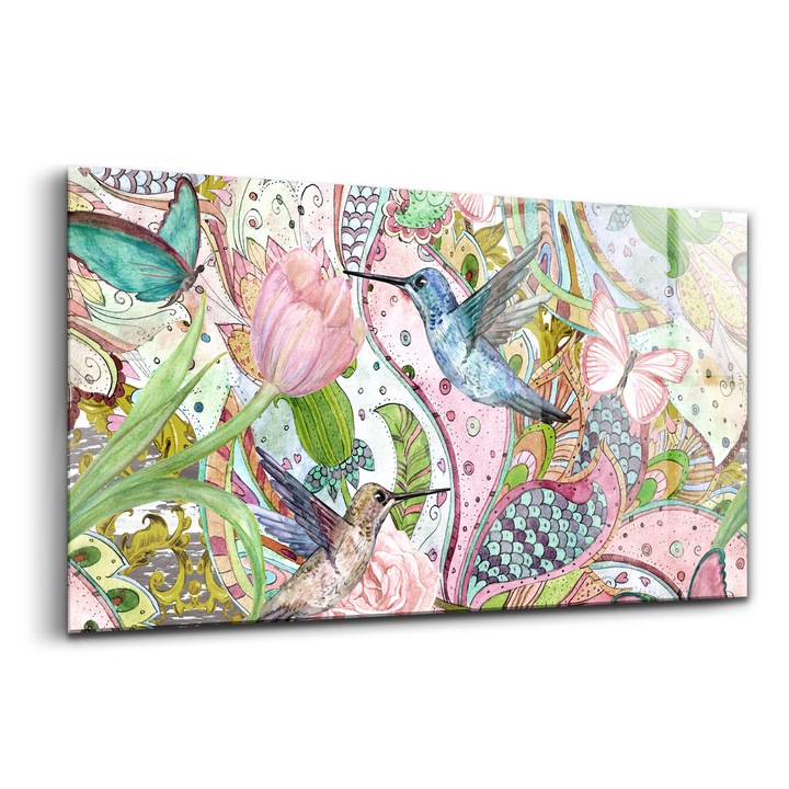 Tablou, Wallfluent, Sticla, Ornament Floral, Roz, 140x70 cm