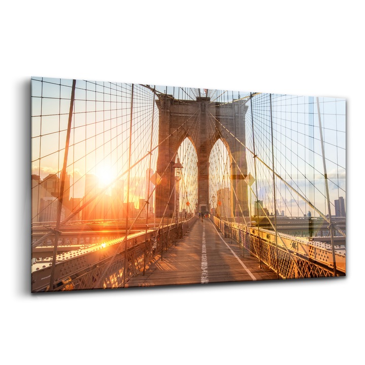 Tablou, Wallfluent, Sticla, Podul Brooklyn Nyc, Maro, 140x70 cm