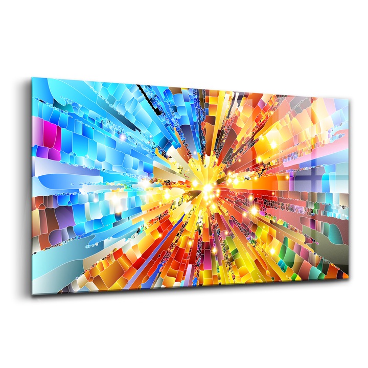 Tablou, Wallfluent, Sticla, Compozitie 3d Culori Saturate, Albastru, 140x70 cm