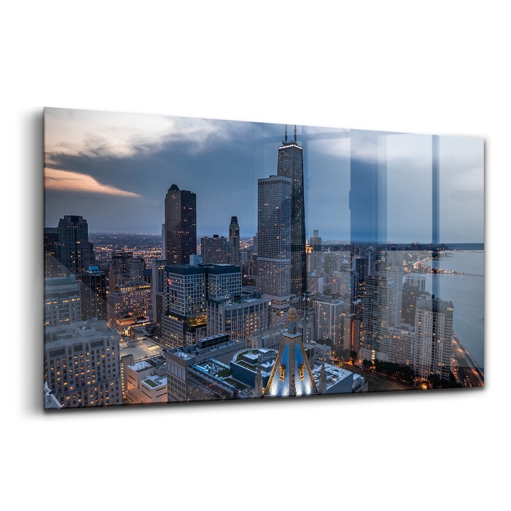 Tablou, Wallfluent, Sticla, Poza Orasului Chicago, Albastru, 120x60 cm